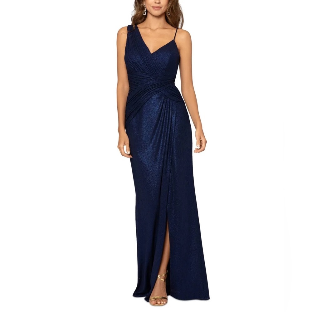Xscape Metallic Surplice Gown in Navy